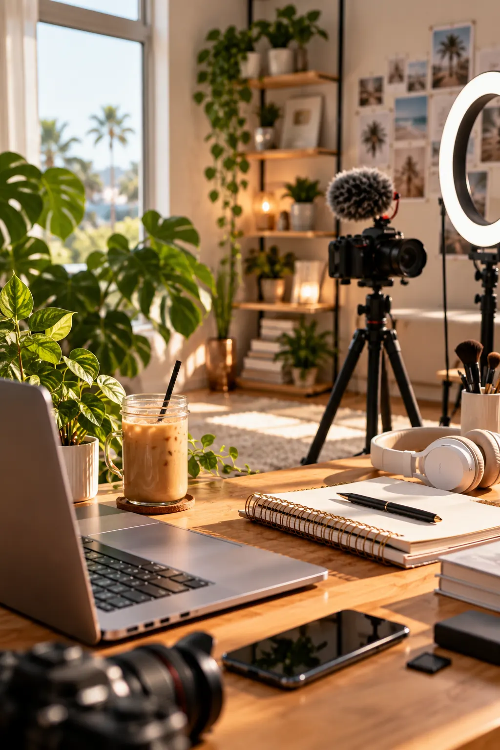 A sunlit creator workspace with a camera on a tripod, ring light, laptop, and iced coffee