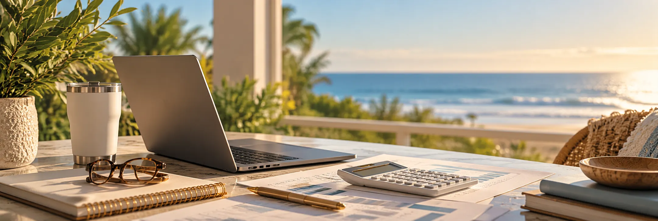 A sunny oceanfront desk with a laptop, calculator, and financial reports